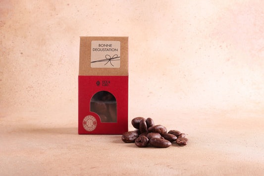 Amandes caramélisée et enrobées de Chocolat Noir Grand Cru 65% (80 g)
